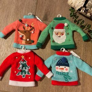 NEW (4) Christmas Sweater Ornaments w/ Reindeer Santa Tree Snowman ~ LAST ONE